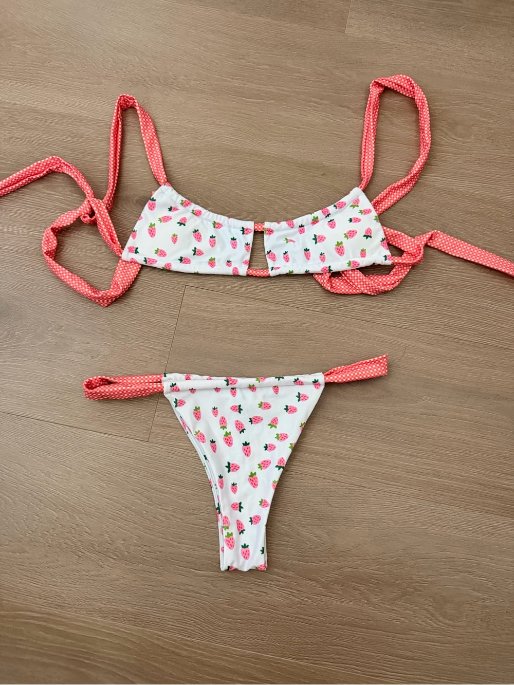 Strawberry Milk Mob White Bikini with Pink Coral Tie Straps